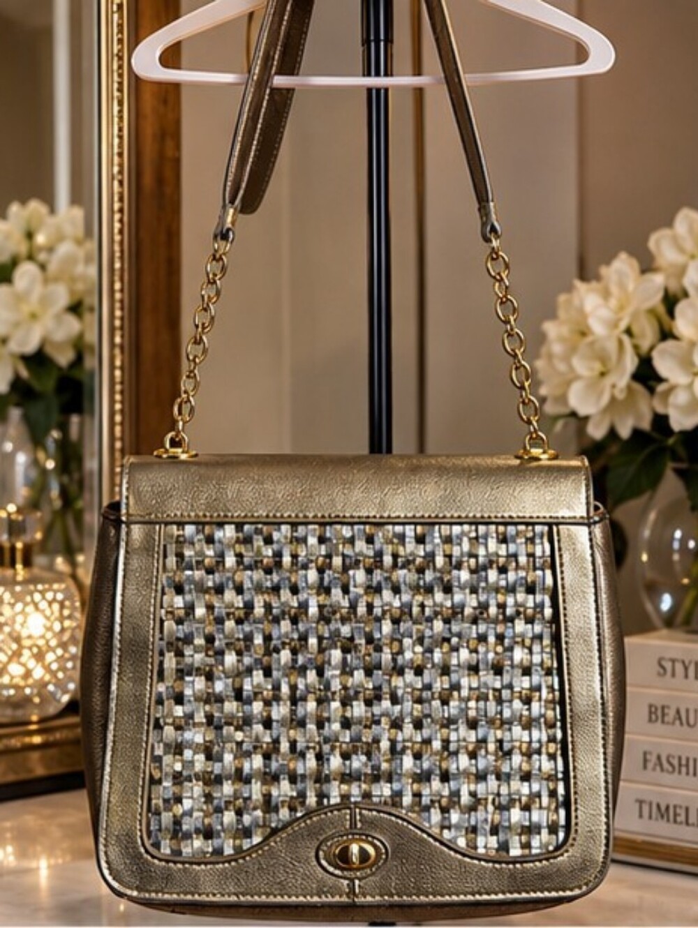 Gold Coast Metallic Bronze Gold Woven Crossbody Shoulder Bag Purse